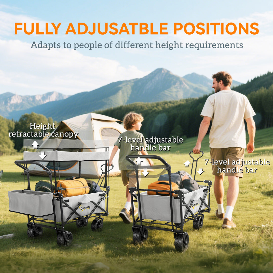 Folding Trolley Cart Storage Wagon Beach Trailer 4 Wheels with Handle Overhead Canopy Cart Push Pull for Camping, Grey