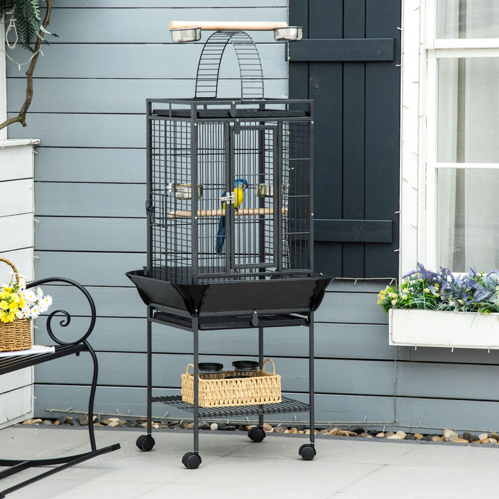 156cm Bird Cage,Large Parrot Cage with Open Play Top, Perch, Seed Guard, Wheels, Storage Shelf, Dark