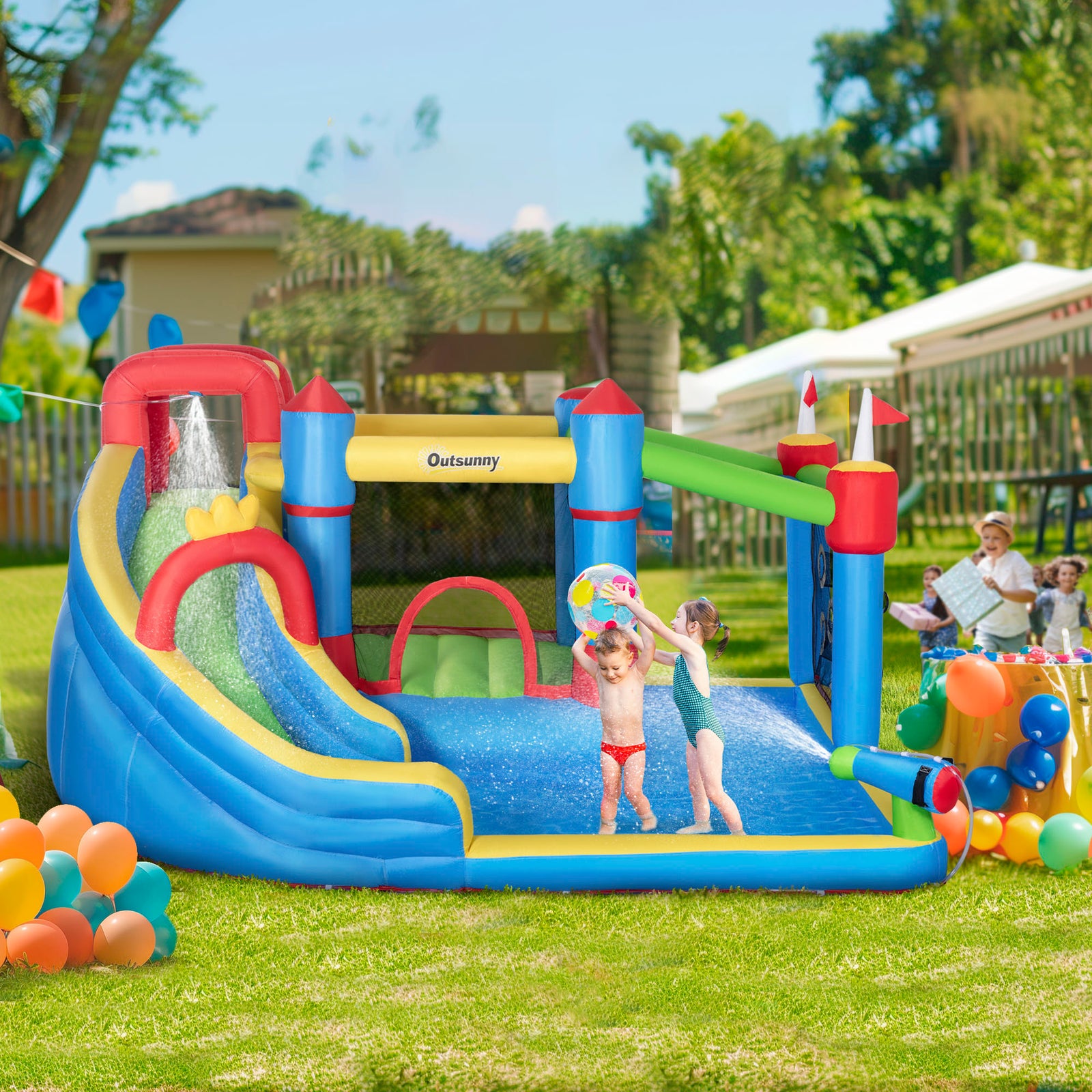6 in 1 Kids Bouncy Castle, with Water Slide, Water Gun, Climbing Wall, Air Blower for Indoors/Outdoors, 3.9 x 3 x 2m