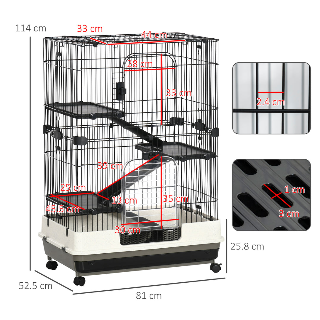 Four-Tier Small Animal Cage, for Bunnies, Ferrets, Chinchillas w/ Wheels, Tray - Black