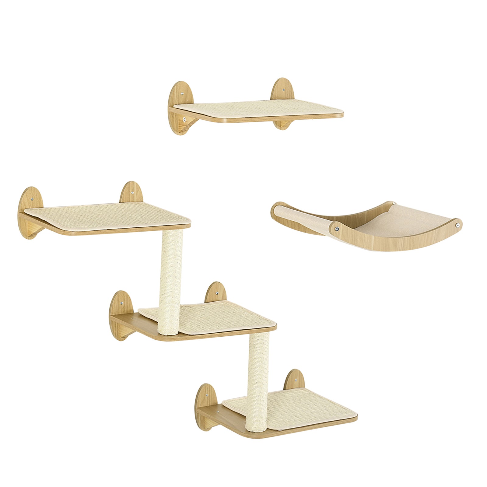 3PCs Wall-Mounted Cat Shelves, with Jumping Platforms, Hammock, Scratching Post - Oak Tone