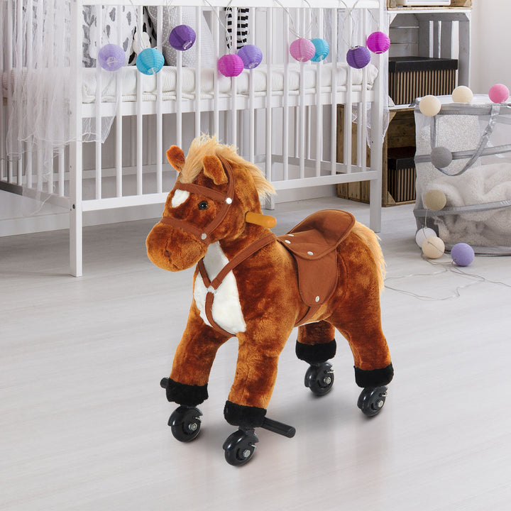 HOMCOM Plush Rocking Horse: Wooden Action Pony with Wheeled Walking, Riding & Sound, Brown | Aosom UK