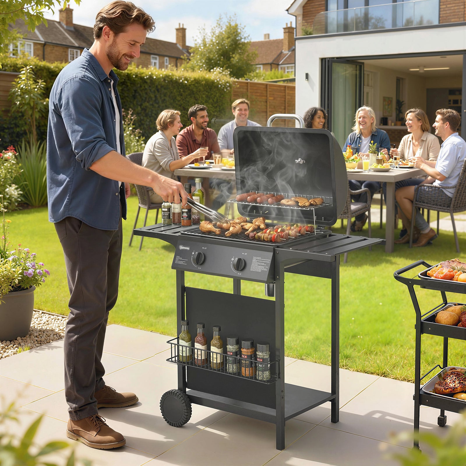 Gas Burner Barbecue Grill, 2 Burner Gas Grill with Side Tables, Warmin