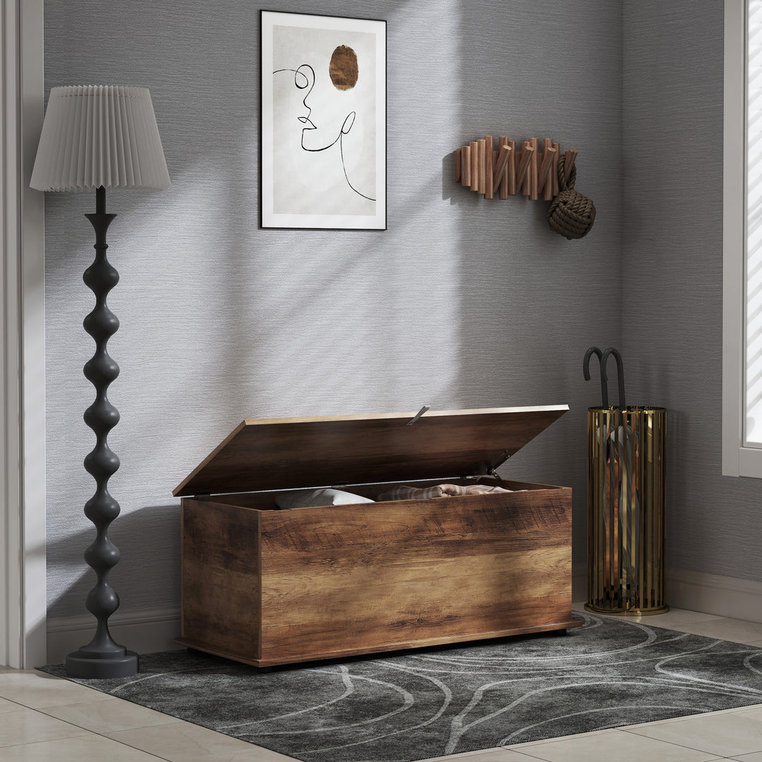 113L Storage Chest, Storage Box with Flip-Top Lid and 2 Safety Hinges, Storage Trunk for Living Room, Entryway, 100 x 40 x 40 cm, Brown Wood Grain