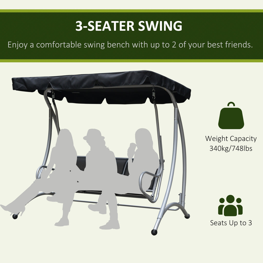 Three Person Steel Outdoor Porch Swing Chair Bench with Canopy Cover - Black