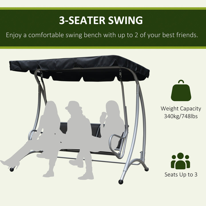 Three Person Steel Outdoor Porch Swing Chair Bench with Canopy Cover - Black