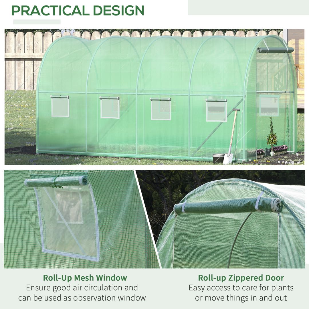 MCL Walk-in Polytunnel Greenhouse, Outdoor Garden Tunnel Greenhouse Tent with Zipped Roll-Up Door and 8 Mesh Windows, 4 x 2M