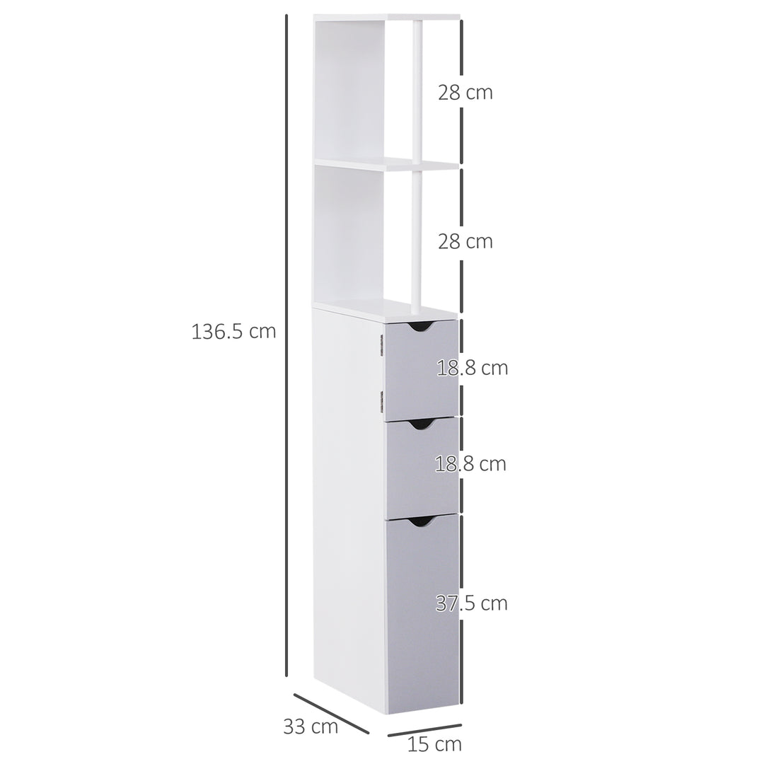 Tall Bathroom Cabinet, Freestanding Bathroom Storage Cabinet with 2-Tier Shelf and Drawers, Narrow Cupboard Storage Unit, White, Grey