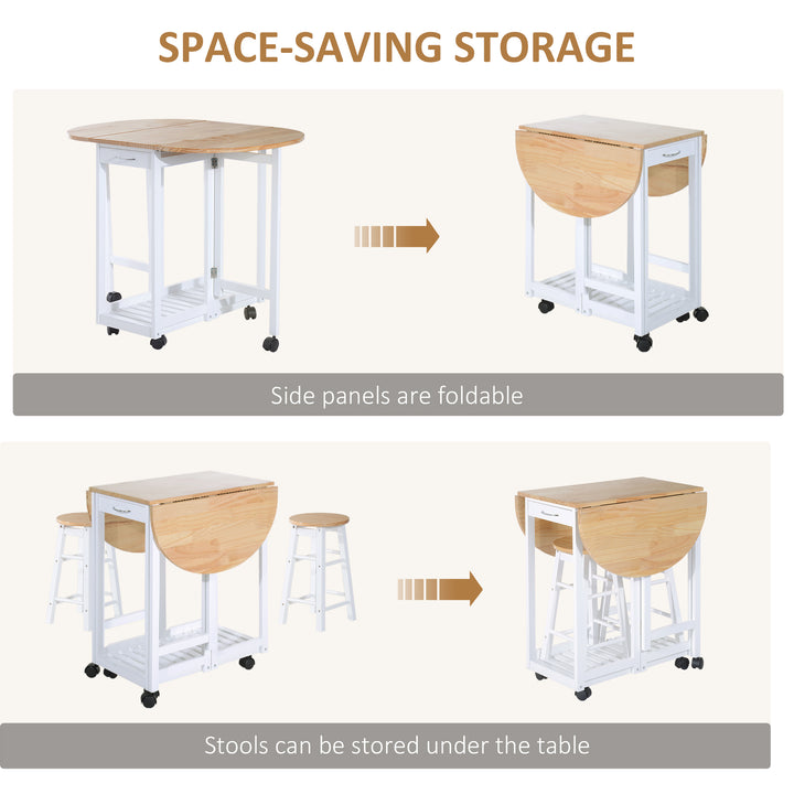 3 Pieces Dining Room Set, Mobile Foldable Dining Table and 2 Stools with Storage Shelf, 2 Drawers and 6 Wheels, Drop Leaf Bar Table and Stools for Home Kitchen Pub, White
