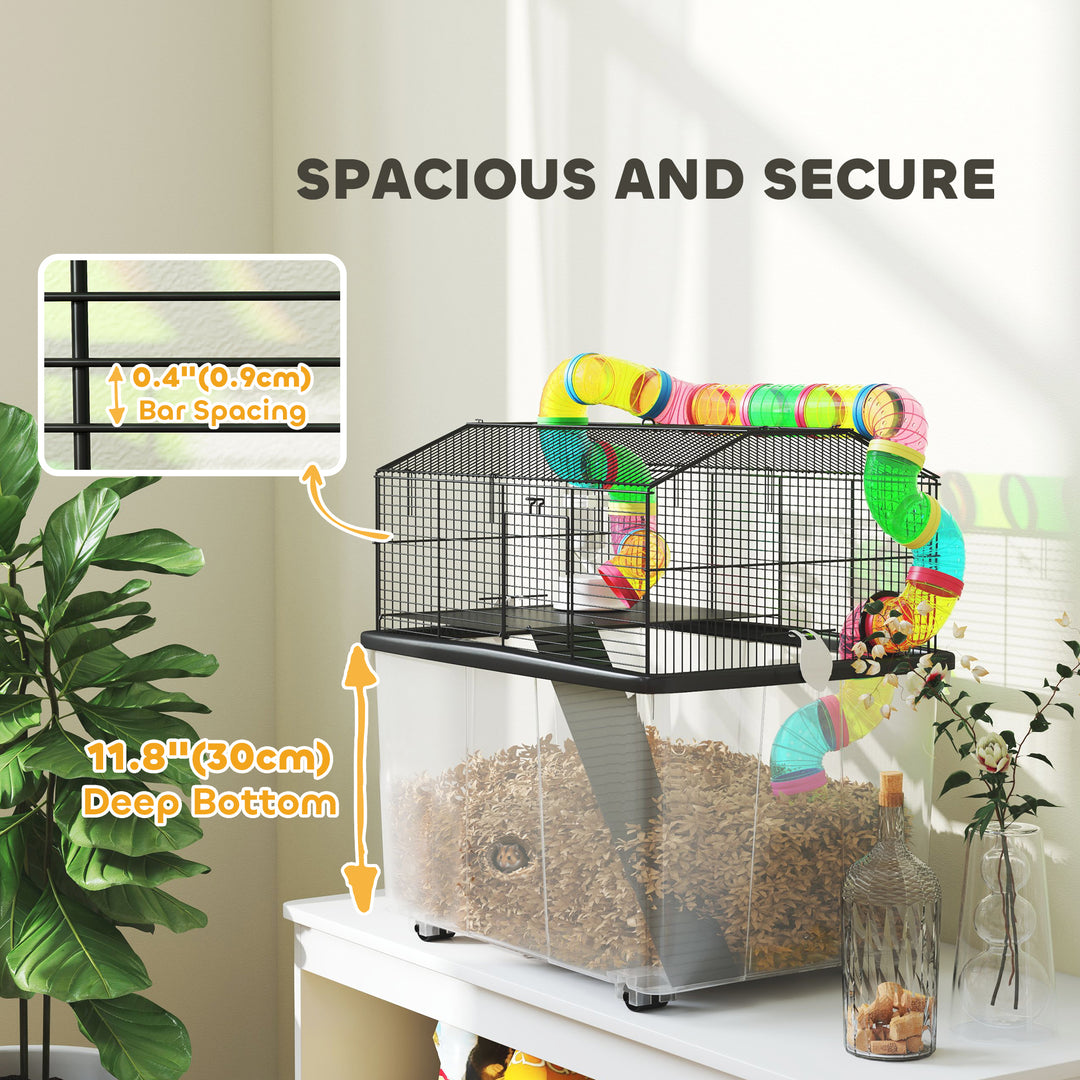 Two-Tier Hamster Cage with 31cm Deep Tray, Tube System, Water Bottle, Ramp, Feeding Bowl, Multicoloured