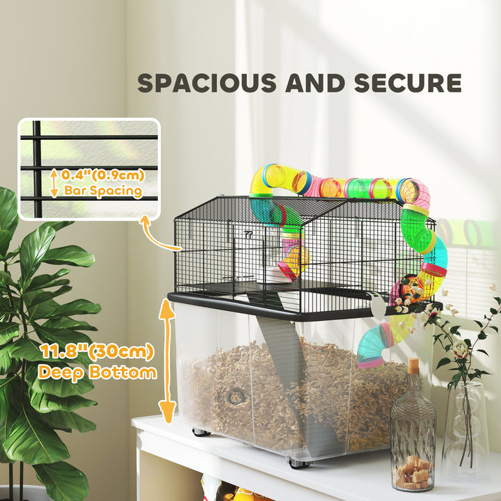 Two-Tier Hamster Cage with 31cm Deep Tray, Tube System, Water Bottle, Ramp, Feeding Bowl, Multicoloured