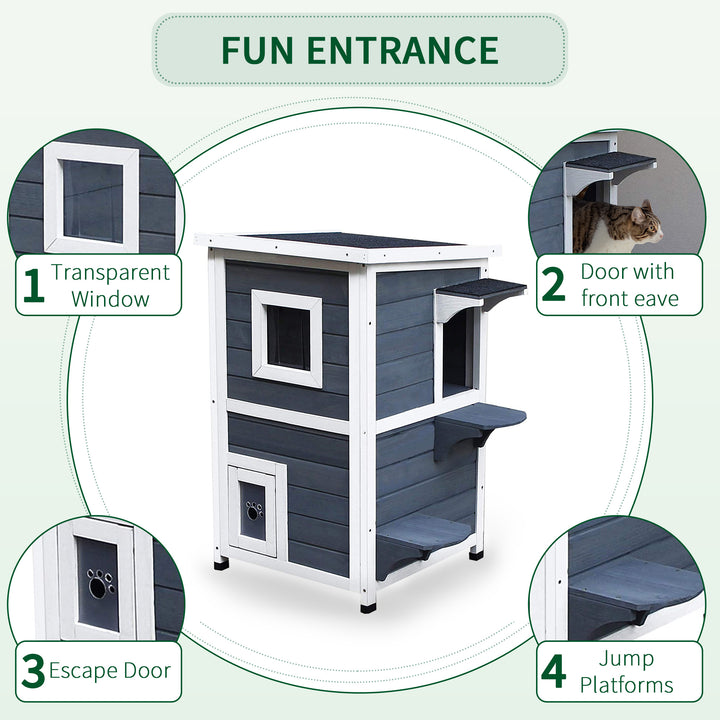 Wooden Cat House 2-Floor Outdoor Kitten Shelter with Window Grey