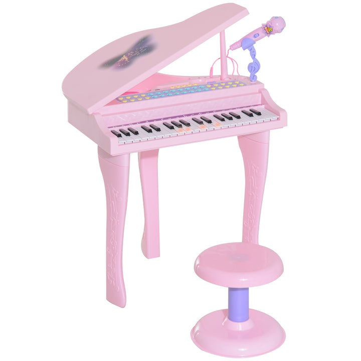 37 Keys Kids Mini Electronic Keyboard Children Grand Piano with Stool Microphone Light Musical Instrument Educational Game Toy Set (Pink)