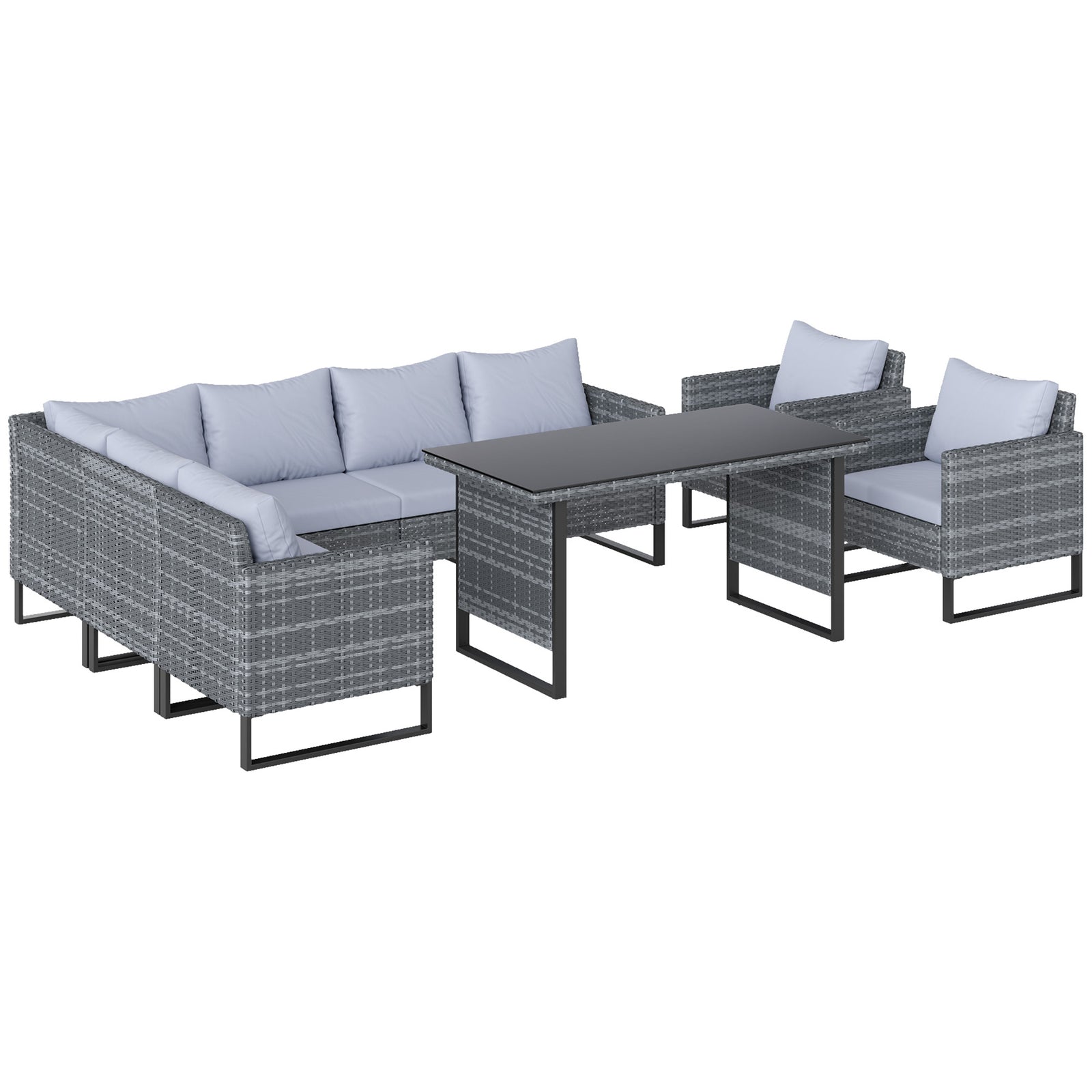 9 Piece Rattan Garden Furniture Set, 8 Seater Garden Corner Sofa with Cushions and Glass Top Table, Sectional Outdoor Furniture Conservatory Set for Patio, Light Grey