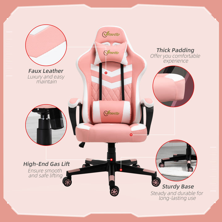 Vinsetto Racing Gaming Chair with Lumbar Support, Headrest, Swivel Wheel, PVC Leather Gamer Desk Chair for Home Office, Pink White