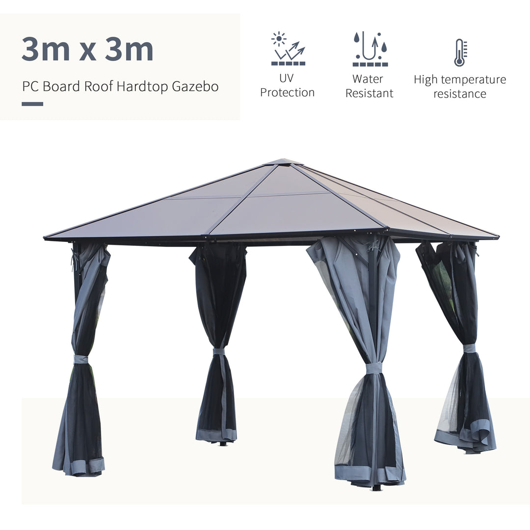 Outsunny 3 x 3(m) Garden Aluminium Gazebo Hardtop Roof Canopy Marquee Party Tent Patio Outdoor Shelter w/ Mesh Curtains & Side Walls, Grey | Aosom UK