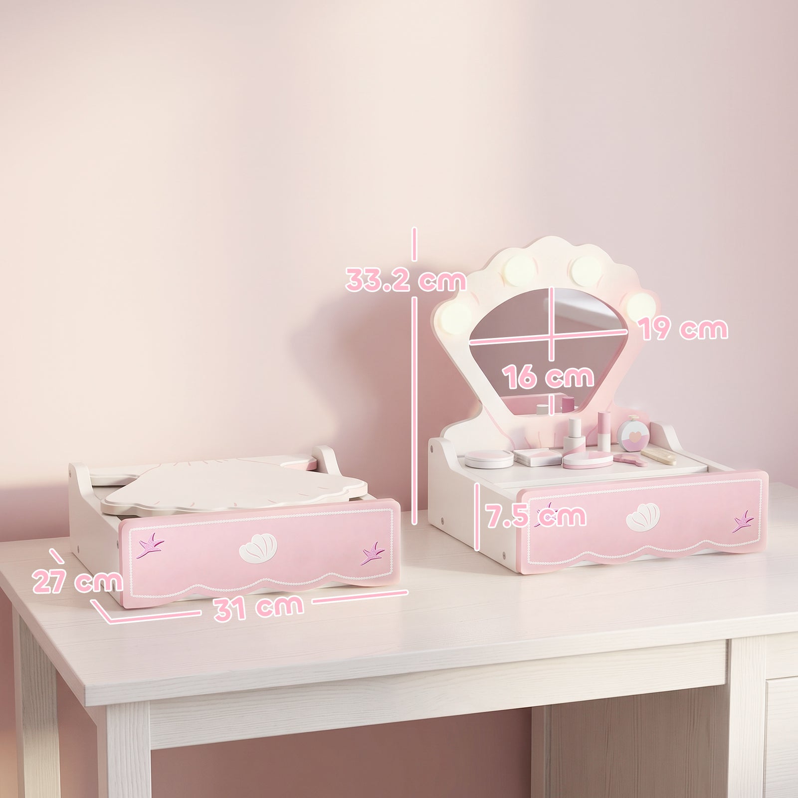 Kids Vanity Table, Portable Girls Dressing Table with Lights, Mirror, 