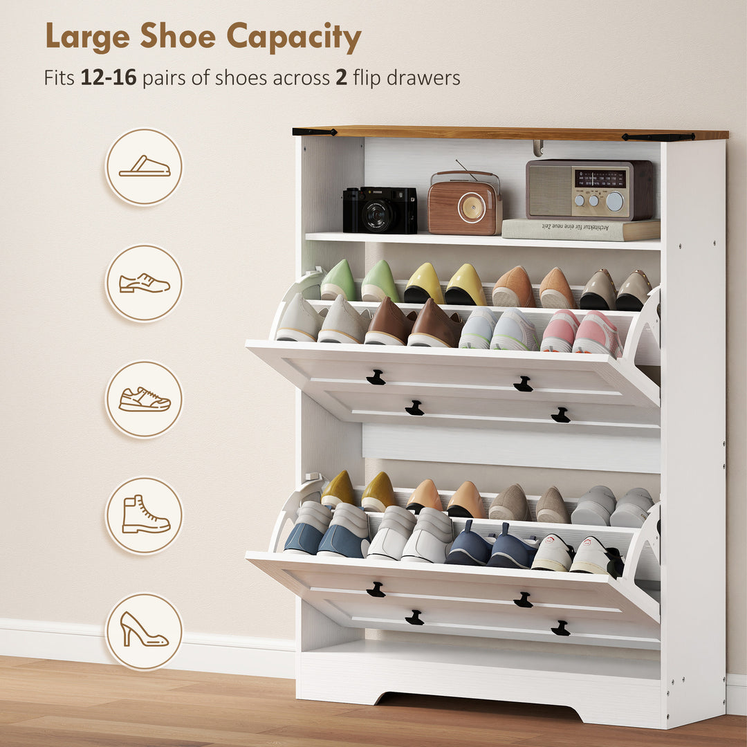 Shoe Cabinet with 2 Flip Drawers, Narrow Shoe Storage Cabinet, White