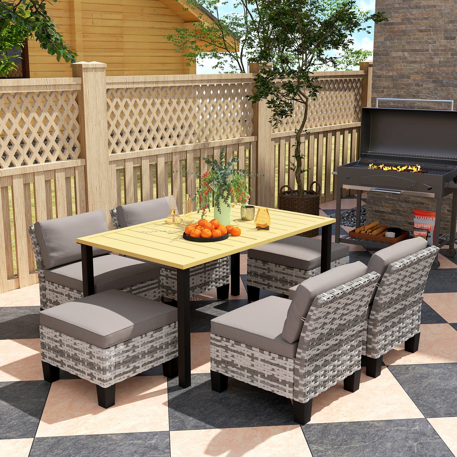 Seven-Piece Rattan Dining Set - Grey