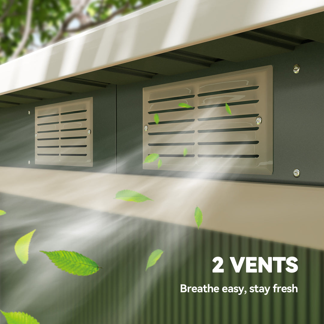 MCL 9ft x 4ft Metal Garden Shed, Outdoor Tool House with Foundation Kit, Ventilations and Double Doors, Light Green