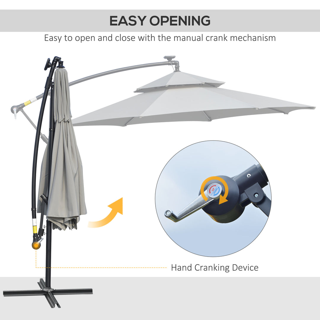 3(m) Cantilever Banana Parasol Hanging Umbrella with Double Roof, LED Solar lights, Crank, 8 Sturdy Ribs and Cross Base for Outdoor, Garden, Patio, Light Grey