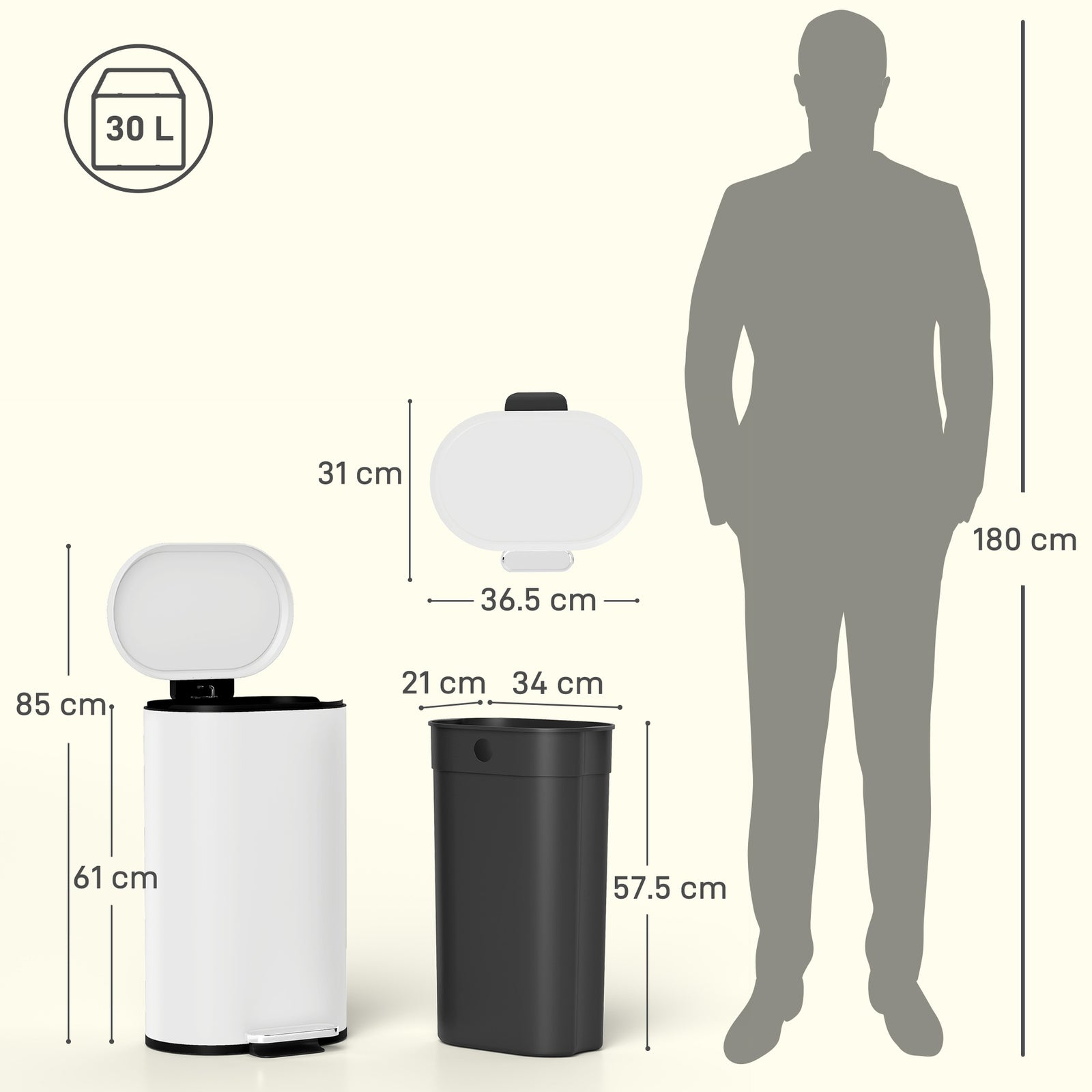 30 L Modern Curved Kitchen Bin - Cream