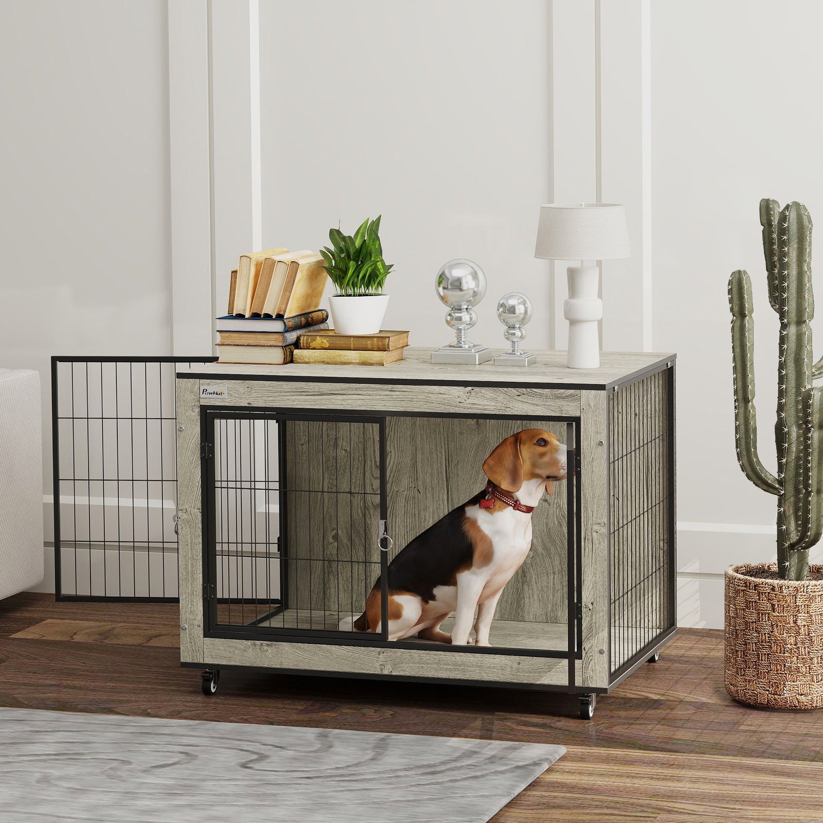 Dog Crate Furniture with Wheels, Double Doors, for Medium Dogs, Grey