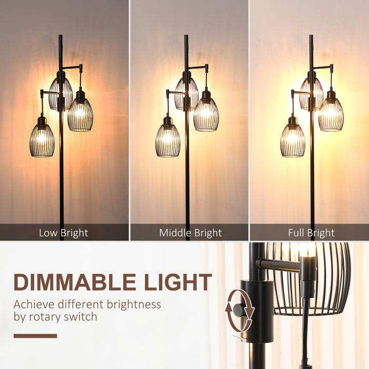 3-Light Floor Lamp, 170cm Industrial Dimmable Standing Lamp with Steel Wire Cage Lampshades for Living Room, Bedroom, Dining Room, Study, Black