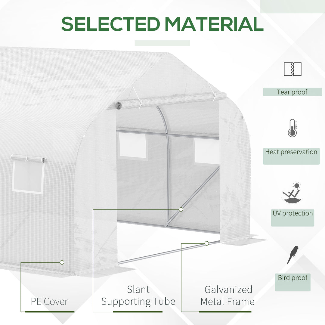 Outsunny 3.5 x 3 x 2m Walk-In Greenhouse Polytunnel Greenhouse Garden Hot House with Steel Frame, Roll Up Door and Windows, White