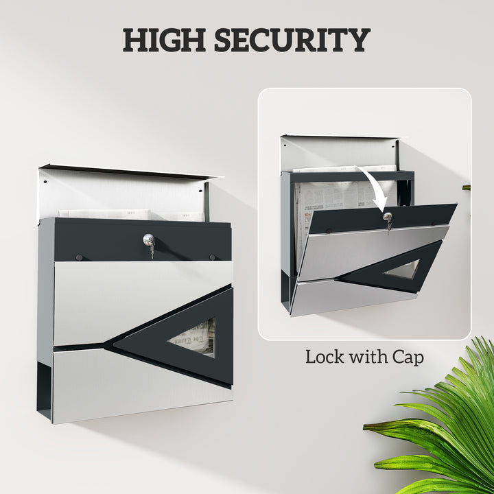 Wall Mounted Post Box with Viewing Window, 2 Lock, Modern Galvanised Steel Mailbox with Copper Core, Weatherproof Letterbox for Outdoor Use, Easy to Install, Silver