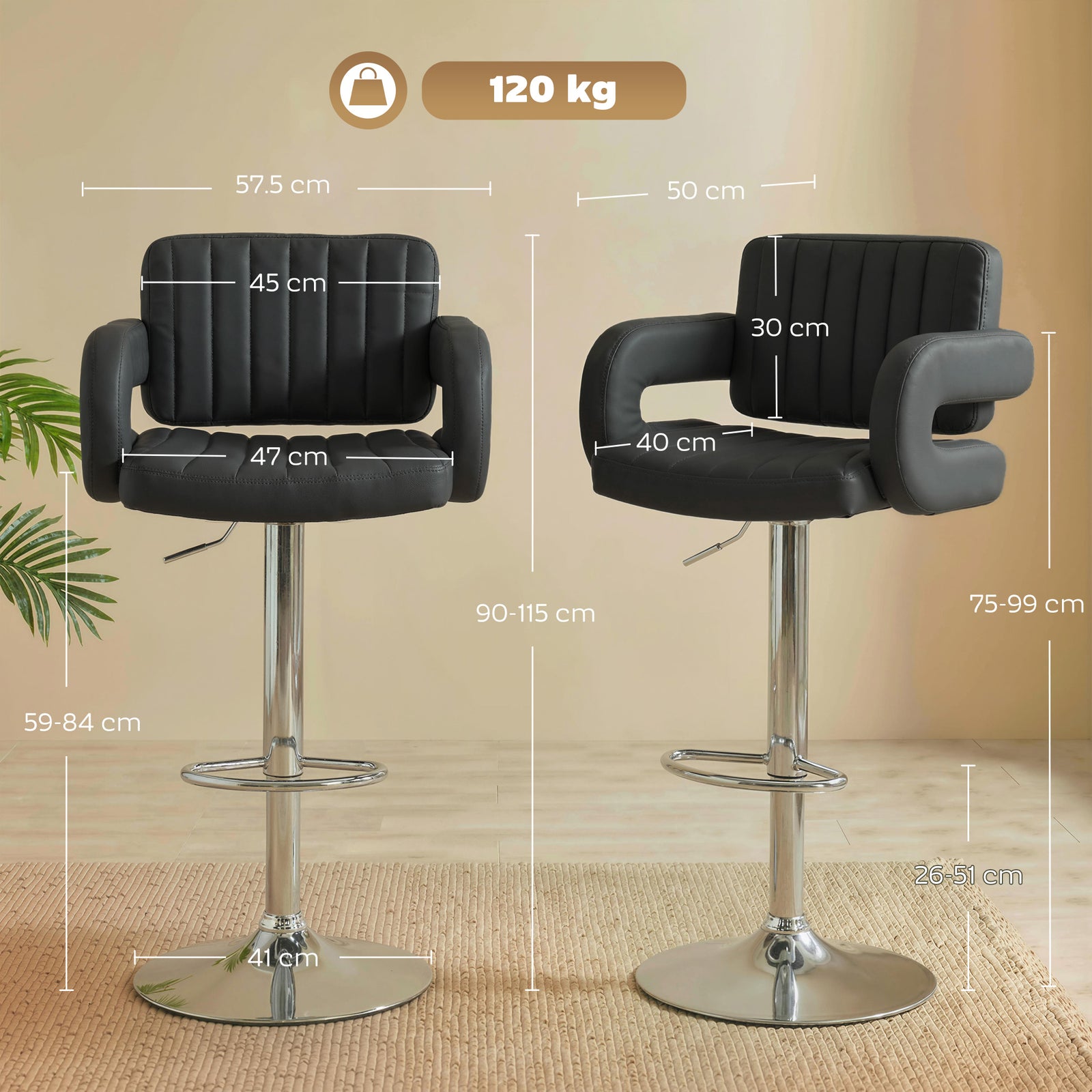 Bar Stools Adjustable Swivel Kitchen Chairs with Backrest Armrest Set 