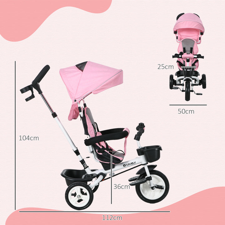 HOMCOM Metal Frame 4 in 1 Baby Push Tricycle with Parent Handle for 1-5 Years Old, Pink | Aosom UK