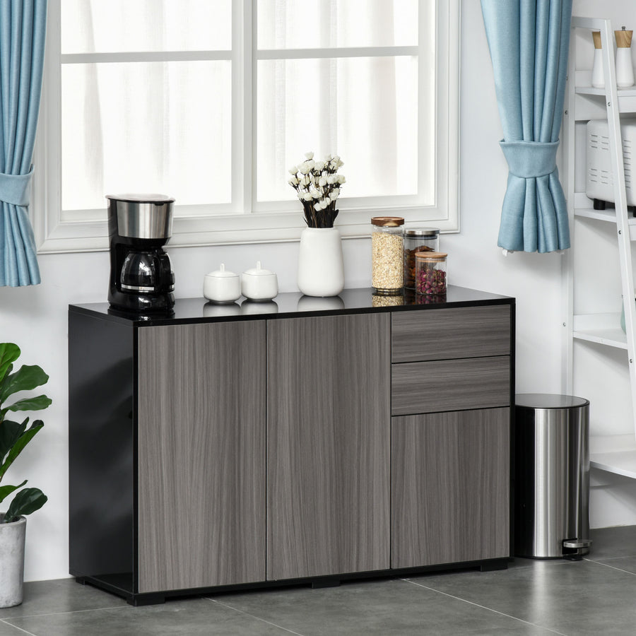 High Gloss Side Cabinet, Push-Open Design with 2 Drawers and 2 Cabinets for Living Room, 74H x 117W x 36Dcm, Light Grey and Black