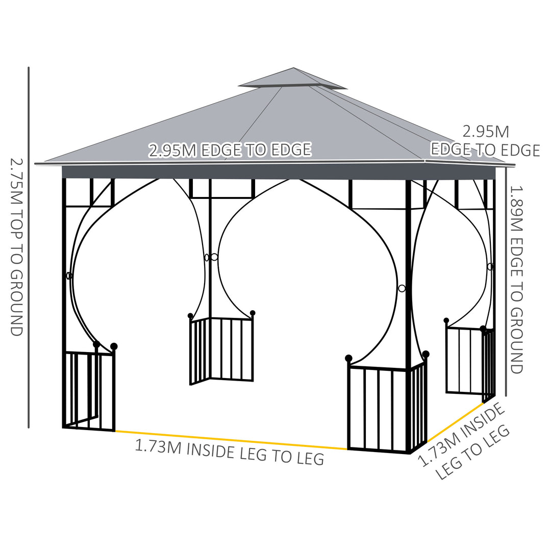 3 x 3(m) Garden Gazebo Patio Party Tent Shelter Outdoor Canopy Double Tier Sun Shade Metal Frame Netting, Light Grey
