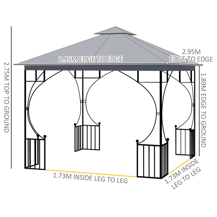 3 x 3(m) Garden Gazebo Patio Party Tent Shelter Outdoor Canopy Double Tier Sun Shade Metal Frame Netting, Light Grey
