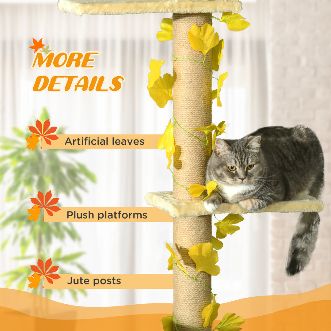 242cm Adjustable Floor-To-Ceiling Cat Tree, with Artificial Decoration, Perches, Anti-Slip Kit - Yellow