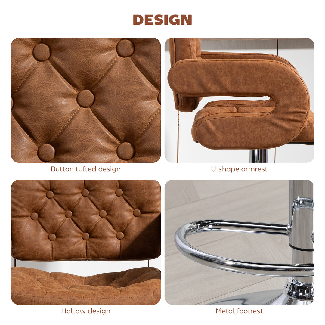 MCL PU Leather Upholstered Swivel Bar Stool, Height Adjustable with Back, Armrest, Footrest, Brown