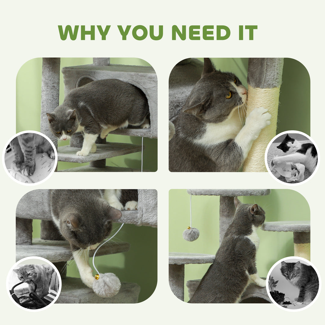 138cm Cat Tree, Multi-Level Cat Tower with Scratching Posts and Pad, Bed, Condos, Platforms, Toy Balls, Light Grey