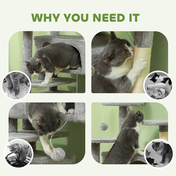 138cm Cat Tree, Multi-Level Cat Tower with Scratching Posts and Pad, Bed, Condos, Platforms, Toy Balls, Light Grey