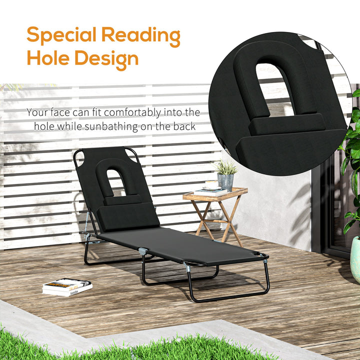 Outsunny Foldable Sun Lounger Recliner Chair with Pillow, Reading Hole for Garden Beach, Adjustable, Black