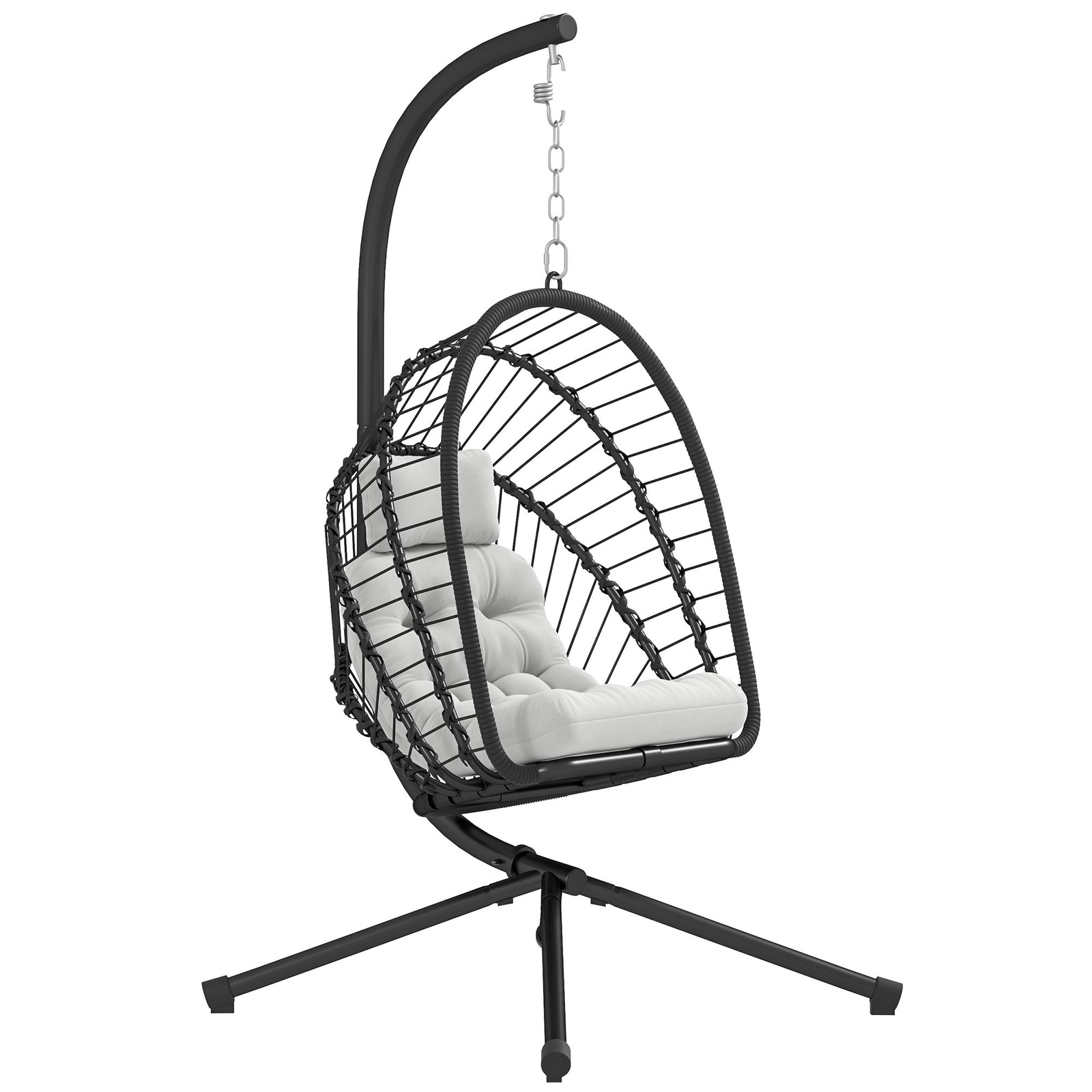 Outdoor PE Rattan Swing Chair with Foldable Basket and Cushion, Garden Patio Hanging Egg Chair with Metal Stand, Headrest for Indoor and Outdoor, Black