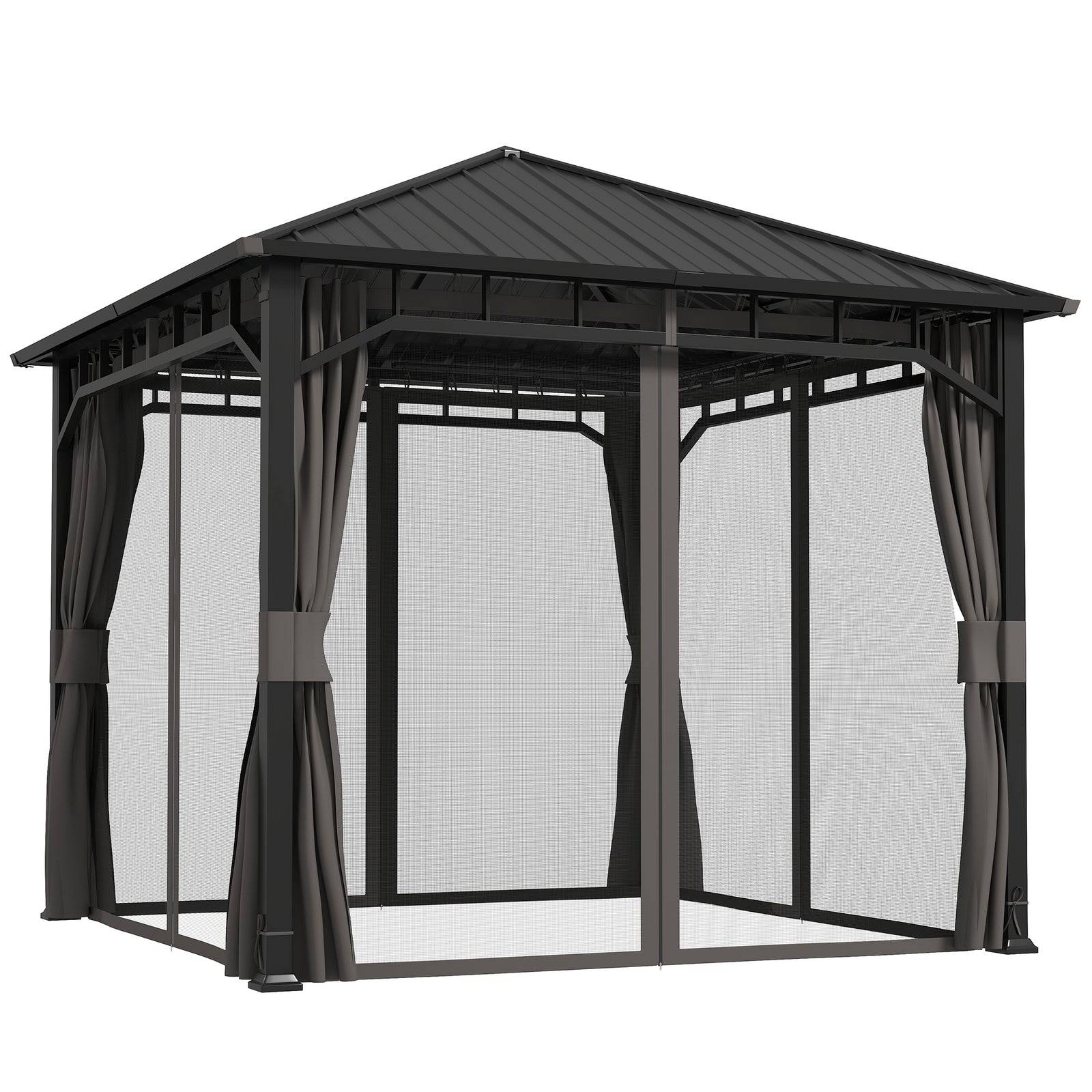 3 x 3(m) Hardtop Gazebo with Galvanised Steel Roof and Water Gutter, Waterproof Permanent Pavilion Garden Gazebo with Netting and Curtains for Patio, Deck