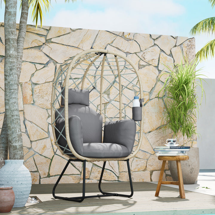 Rattan Egg Chair Outdoor Indoor Wicker Chair with Thickened Cushion and Headrest, Standing Garden Egg Chair with Cup Holder, Metal Frame for Patio, Balcony, Grey