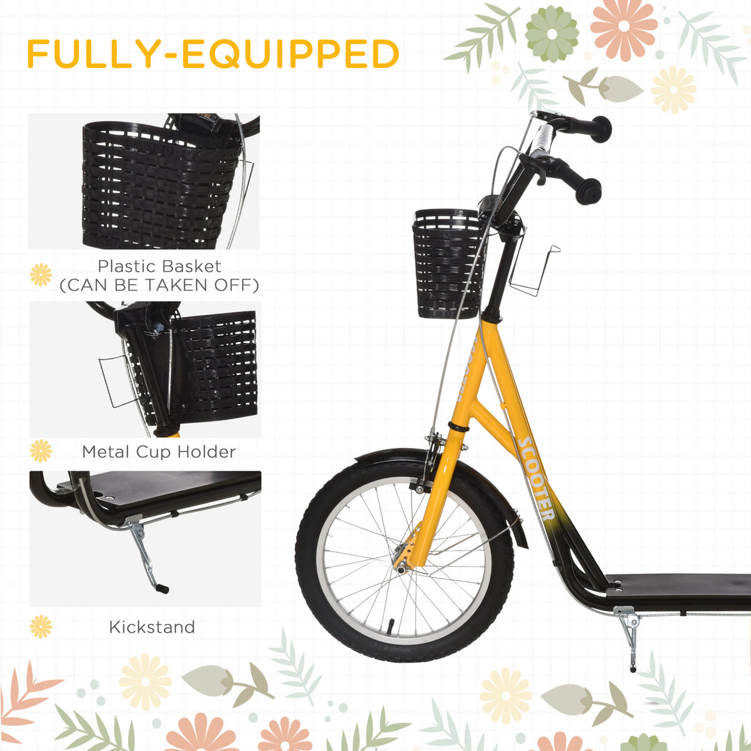 HOMCOM Kiddie Cruiser: Adjustable Scooter with Dual Brakes, Basket & Cupholder, 16" Inflatable Tyres, Tangerine Hue