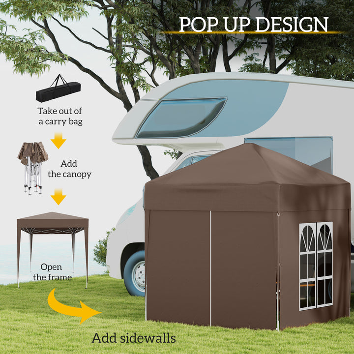 2 x 2 m Garden Pop Up Gazebo, Wedding Party Tent Marquee, Water Resistant Awning Canopy with Sidewalls, Windows, Carry Bag, Coffee