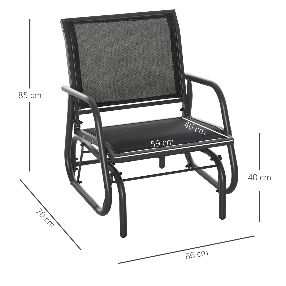 Outdoor Garden Glider Chair, Metal Frame Single Armchair Swing Seater w/ Breath Mesh Fabric Seat, Curved Backrest, Armrests, for Living Room, Patio, Porch, Dark Grey