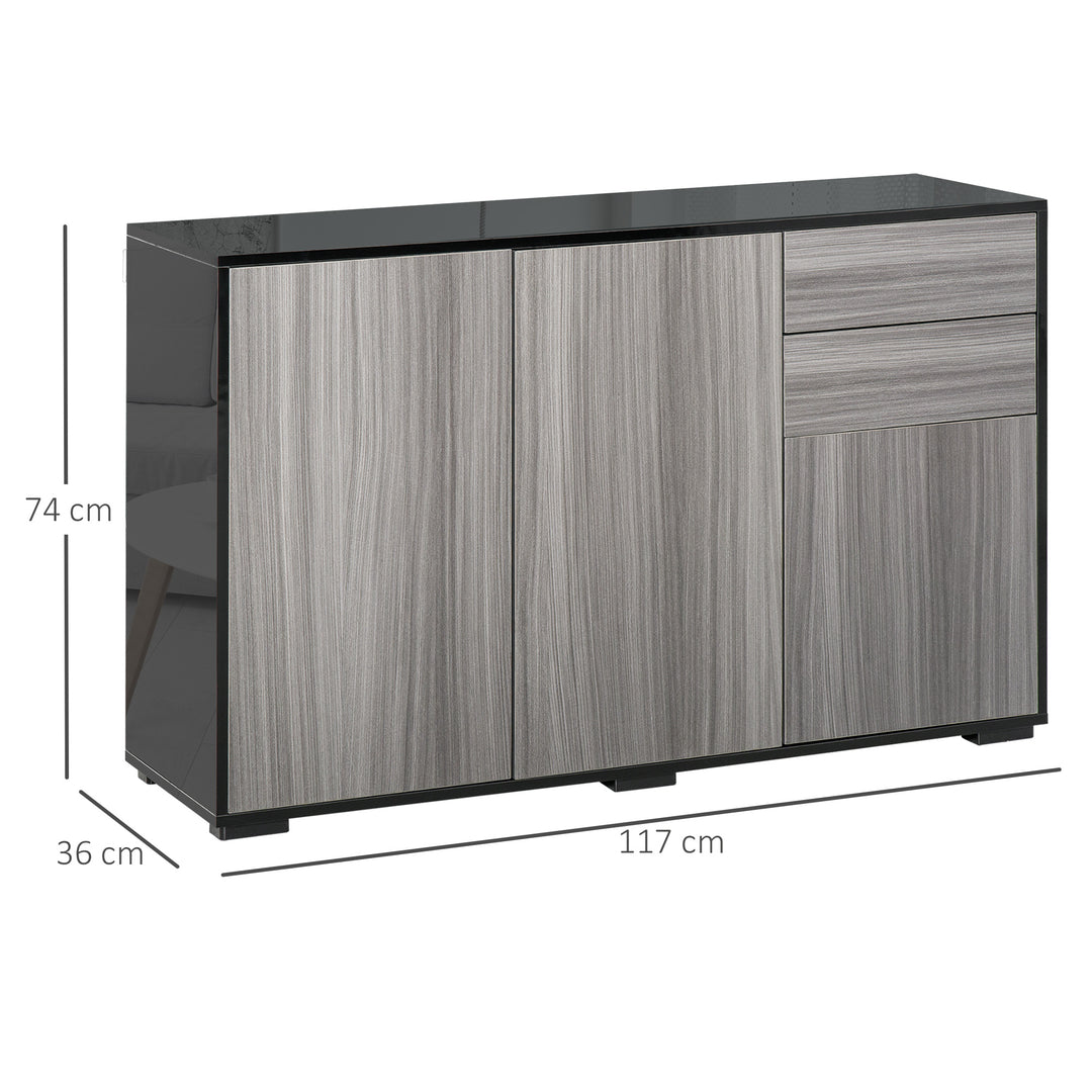 High Gloss Side Cabinet, Push-Open Design with 2 Drawers and 2 Cabinets for Living Room, 74H x 117W x 36Dcm, Light Grey and Black
