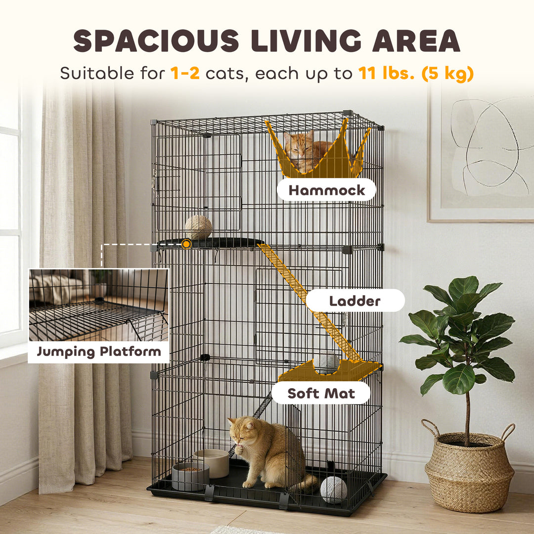 3-Tier Large Cat Cage Indoor, Detachable Metal Wire Kennel with Hammoc