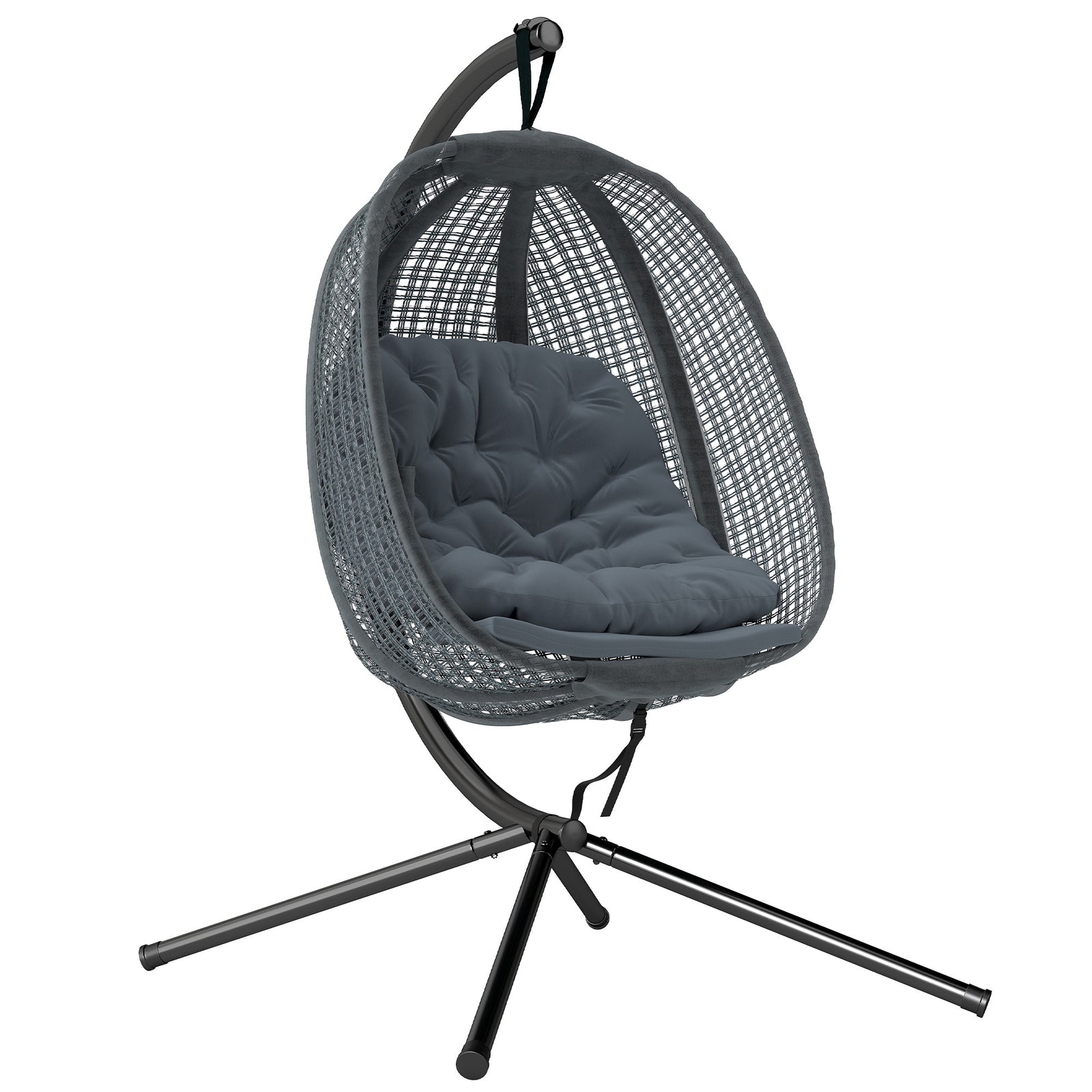 Outdoor Swing Chair with Thick Padded Cushion, Patio Hanging Chair with Metal Stand, Egg Chair with Foldable Basket, Cup Holder, for Indoor and Outdoor, Dark Grey