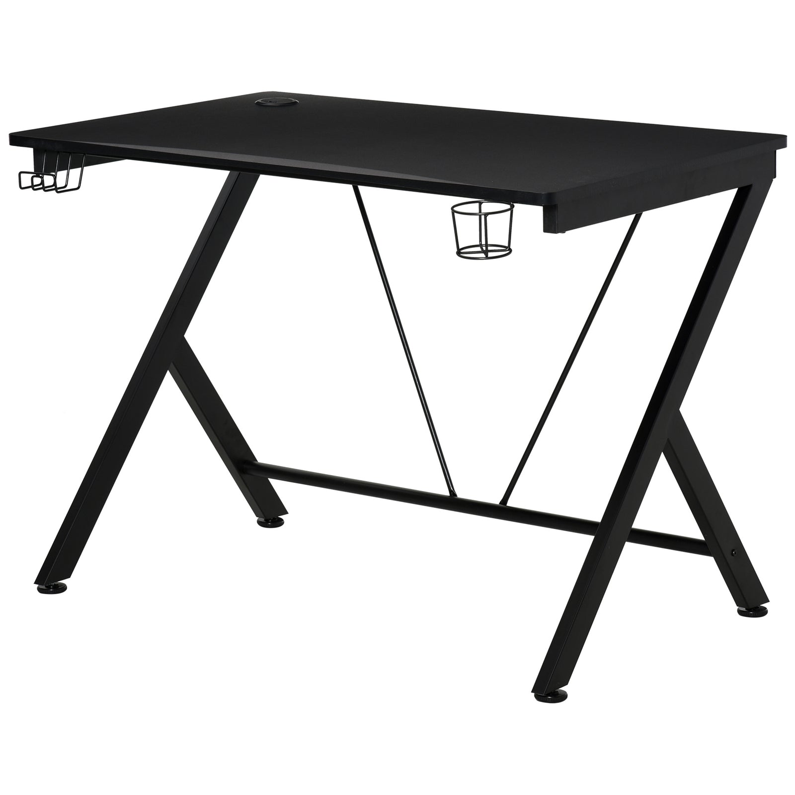 Gaming Desk 108 x 66 cm PC Computer Desk with Whole Board, A Shaped Gaming Table for Home Office with Cup Holder and Headphone Hook, Black